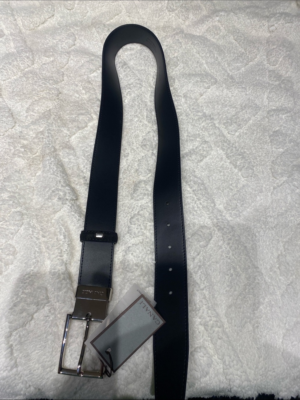 Canali Black Leather Belt with Silver Buckle size 34